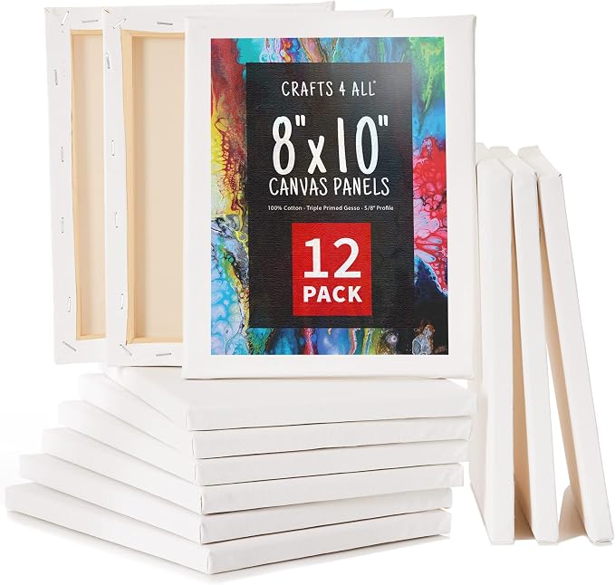 Crafts 4 All Stretched Canvas Boards for Painting - 12 Pack of 8x10 Blank Art Canvases, Framed Canvas for Painting with Acrylic & Oil Paint, Pencil, Pastels, Charcoal
