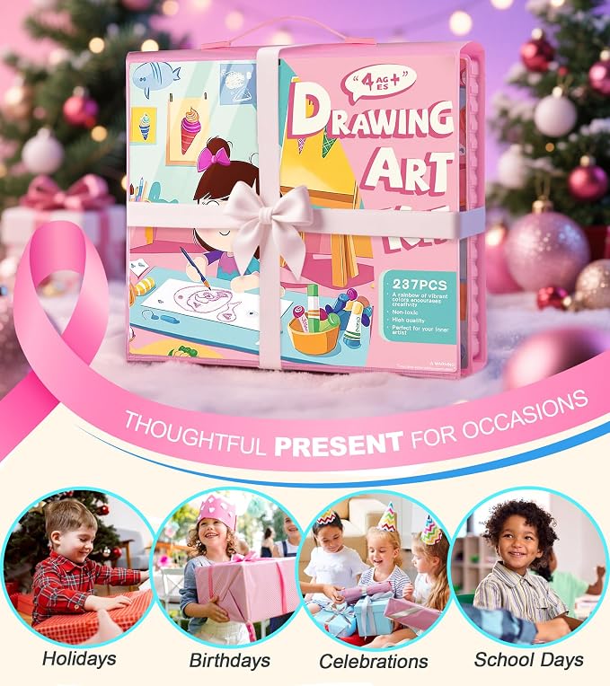 TMOL 237-Piece Kids Art Set with Double-Sided Easel, Watercolor, Oil Pastels, Painting Kits for Kids Ages 4-8, Art Supplies for Girls & Boys, Drawing Sets, Gift for Young Artists-Pink