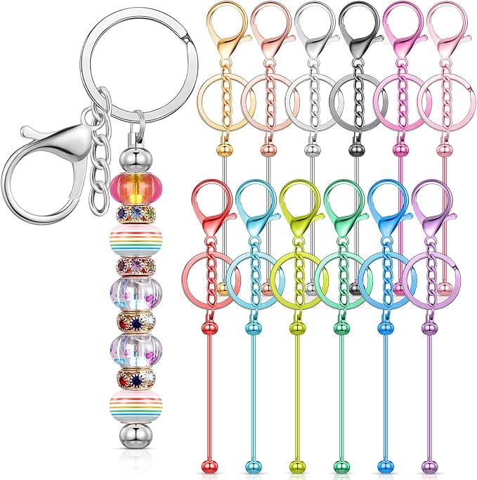 Tondiamo 12 Pcs Beadable Keychains Bars Bulk Blank Beaded Metal Keychain for Craft DIY Gift
