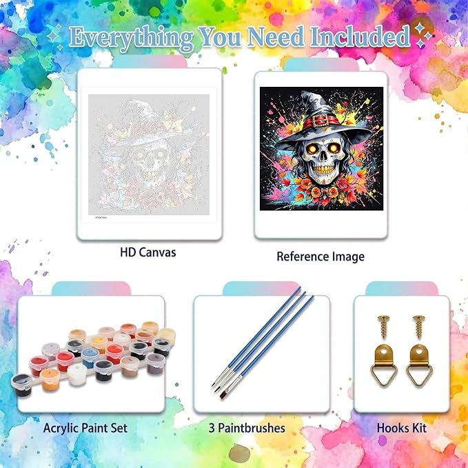 YarnWhimsy Skull Paint by Numbers Kit for Adults 16x16 inch