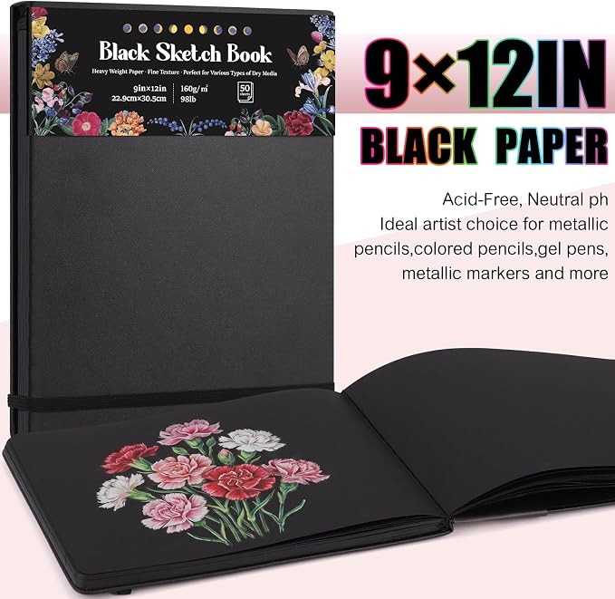 160 GSM Black Paper Sketchbook 9 × 12 in, 50 Sheets Black Paper Notebook