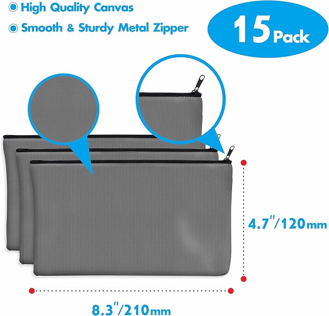 15 Pack Blank Cotton Canvas DIY Craft Zipper Bags Pouches Pencil Case for Makeup Cosmetic Toiletry Stationary Storage