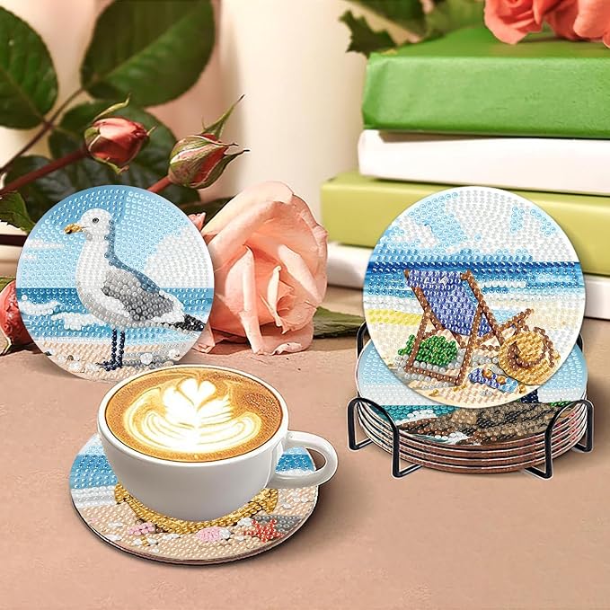 askkqtx 8 Pcs Beach Diamond Art Coasters Kits with Holder 4X4 Inch