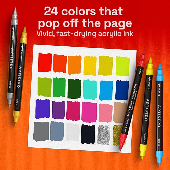 ARTISTRO 24 Dual-Tip Acrylic Paint Marker Pens for Drawing | For Fabric, Rock, Glass, Wood, & Molds, Arts & Crafts Gift for Adults, Teens, & Kids, Classroom Must Haves & School Supplies