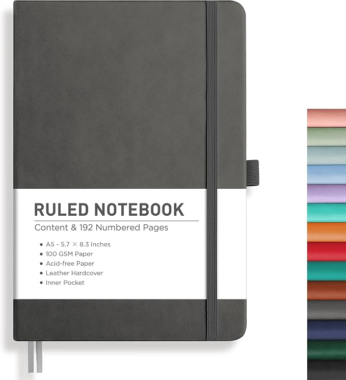 RETTACY Lined Journal Notebook, 192 Numbered Pages, A5 Size (5.7'' x 8.3'') | Leather Hardcover, 100 GSM Thick Paper, for Men & Women, Journaling, Writing, Work & Office (Gray)
