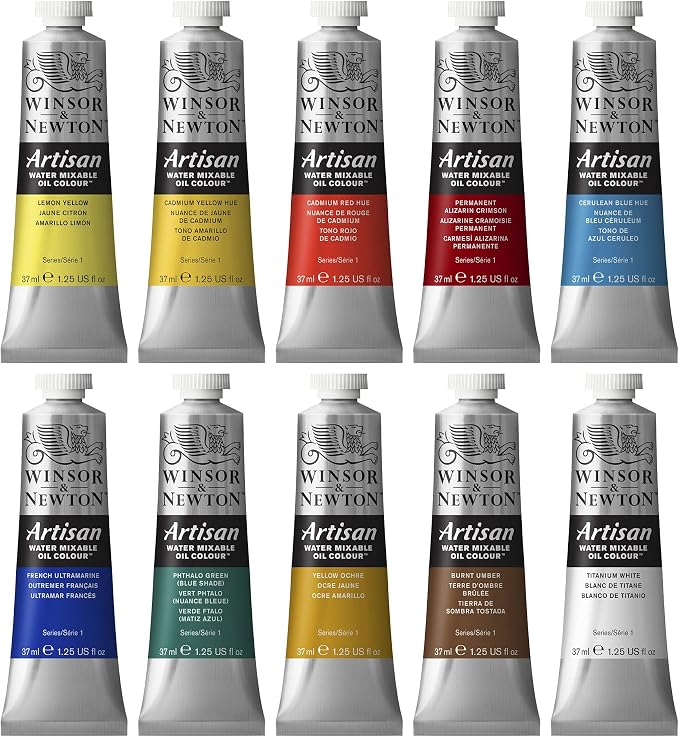 Winsor & Newton Artisan Water Mixable Oil Paint Set, 10 x 37ml Tubes | Clean with water; no solvents needed. Color depth, lightfastness, opacity/transparency are the same as traditional oils.