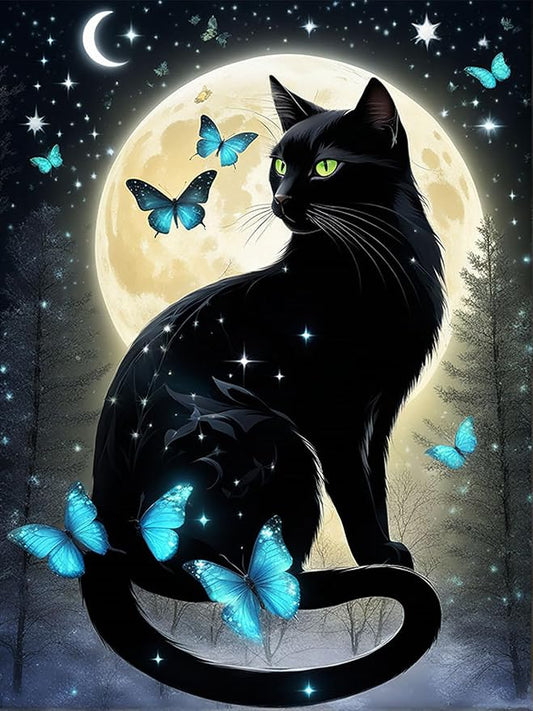 Meothan Diamond Art Kits for Adults Black Cat Diamond Painting Kit 12x16in | 5D Moon Cat Diamond Art Painting Kit for Adult, DIY Full Round Drill Gem Art Diamond Dots Kits for Home Wall Decor Gift