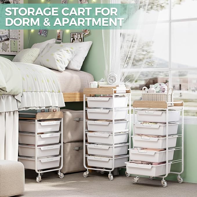 SYKIARIOL Rolling Craft Storage Cart with 4 Drawers,Kids Art Cart,White | Utility Cart with Drawers,Art Craft Organizers and Storage,Kids Craft Cart With DIY Lable and Wooden Tabletop Area