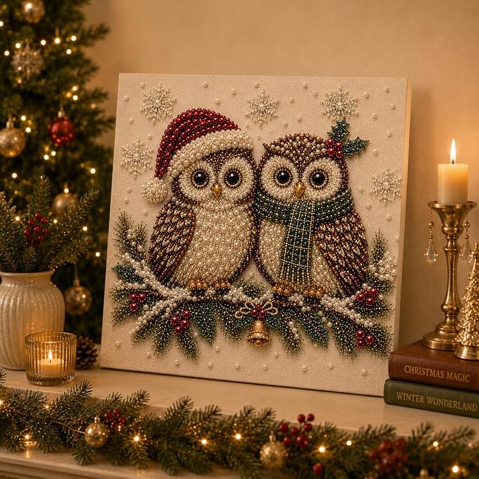 LJSCQF DIY Christmas Pearl Diamond Painting Art Kit with Frame, Home Wall Decor Art Craft Kit, Holiday Christmas Wall Decor, Handmade Home Decoration Gift (Owls, 7.8x7.8in)