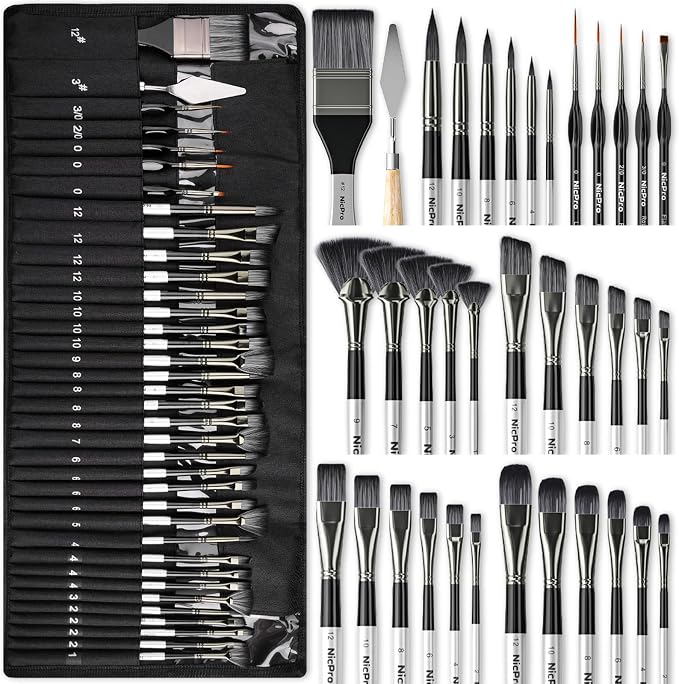 Nicpro 36pcs Paint Brush Set,Professional Paintbrushes for Acrylic Painting | Includes Palette Knife and Canvas Roll, Suitable for Artists and Beginners for Acrylic Painting, Oil, Watercolor, Gouache