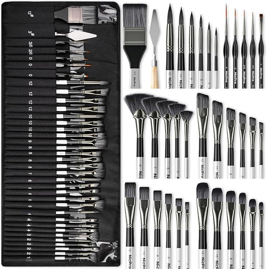 Nicpro 36pcs Paint Brush Set,Professional Paintbrushes for Acrylic Painting | Includes Palette Knife and Canvas Roll, Suitable for Artists and Beginners for Acrylic Painting, Oil, Watercolor, Gouache