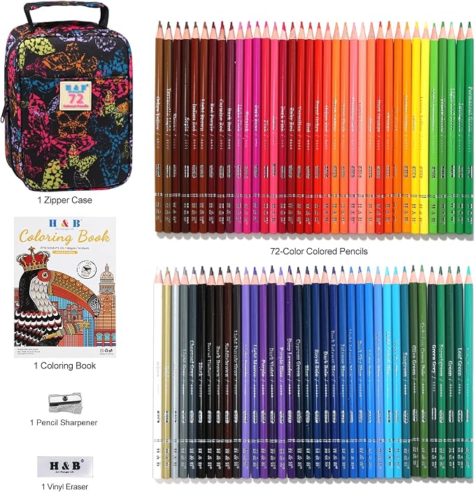 H & B 72 Colored Pencils for Adults Beginners with Case & Coloring Book Set | Oil-based Soft Cores for Smooth Drawing & Coloring - Vibrant Blendable colors - Portable Travel Kit with Sharpener & Eraser