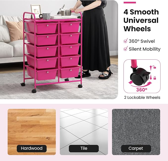 Giantex 10 Drawers Rolling Cart, Classroom Organizers, Storage Cart with Wheels, for Teacher Office Home School Supplies Tool Craft Art Paper, Hot Pink