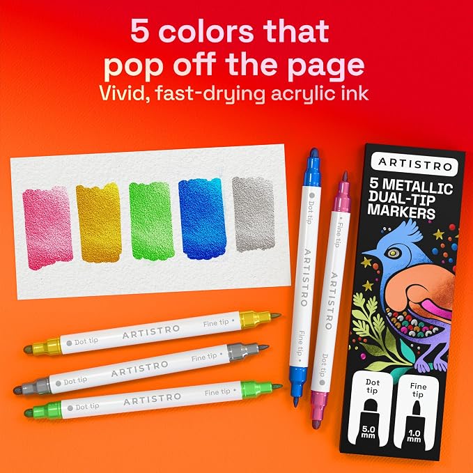 ARTISTRO Metallic Dual-Tip Acrylic Paint Marker Pens - Set of 5 | For Fabric, Rock, Glass, Wood, & Coloring Books, Arts & Crafts Gift, Classroom Must Haves & School Supplies (Dot & Fine Tips)
