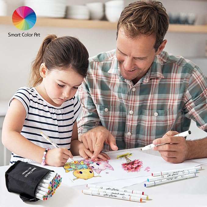 Smart Color Art Markers, 65 Coloring Markers and 1 Blender, 66 Pack Alcohol Based Dual Tip Permanent Markers Highlighters with Case, Excellent for Adults Kids Coloring Marking Drawing Sketching