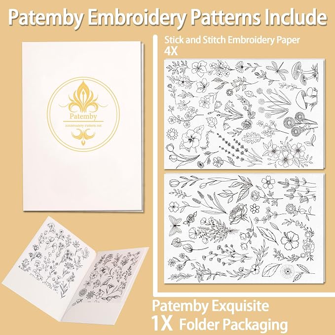 Patemby Embroidery Pattern Water Soluble Embroidery Stabilizers, Stick and Stitch Embroidery Paper Wash Away with Pre-Printed Pattern Designs Stencils Transfers for Hand Sewing Lover Beginner