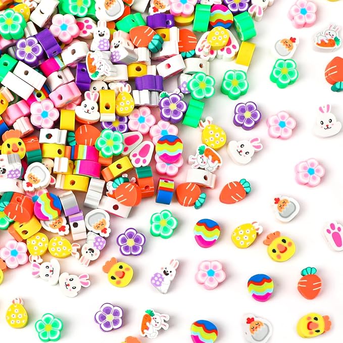 Augshy 300pcs Easter Polymer Clay Beads: Bunny, Chick, Egg, Carrot, Flower Shapes - Round, Assorted Easter Colors for Bracelet, Necklace, Jewelry Making