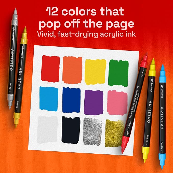 ARTISTRO 12 Dual-Tip Acrylic Paint Marker Pens for Drawing | For Fabric, Rock, Glass, Wood, & Molds, Arts & Crafts Gift for Adults, Teens, & Kids, Classroom Must Haves & School Supplies