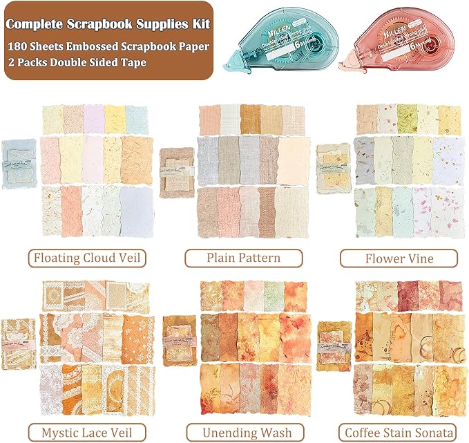 Flartmo 180 Sheets Embossed Textured Scrapbook Paper with 2 Double Sided Tapes, 6 Packs Scrapbook Supplies Kit for Scrapbooking, Junk Journal, Card Making Supplies, Planner, Collage