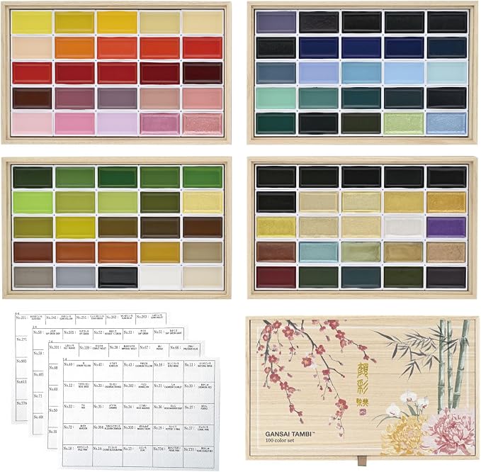 Kuretake Gansai Tambi Watercolor Paint Set, 100 Colors, Wooden Box, Japan | All 100 colors, wooden gift box, includes Starry, Iridescent & Sumi colors, Professional Use, Artist Grade