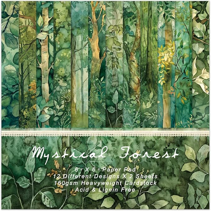 Green Scrapbook Paper Pad 6 x 6 in- 24 Sheets Forest Patterned Designed Tree Decorative Decoupage Folded Card Material Gift Wrapping Planners Junk Journal DIY Crafts Photo Album