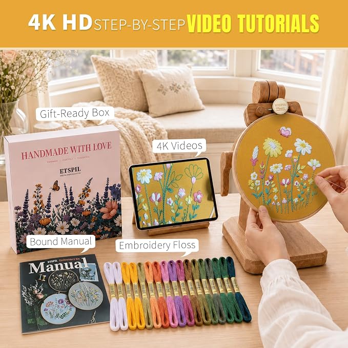 ETSPIL Embroidery Kit for Beginners, 2 Hoops, 4K Video, 4 Floral Patterns | Stitch Side by Side. Lines Fade as You Stitch. All Tools Included. Easy to Start, Weekend Family Craft