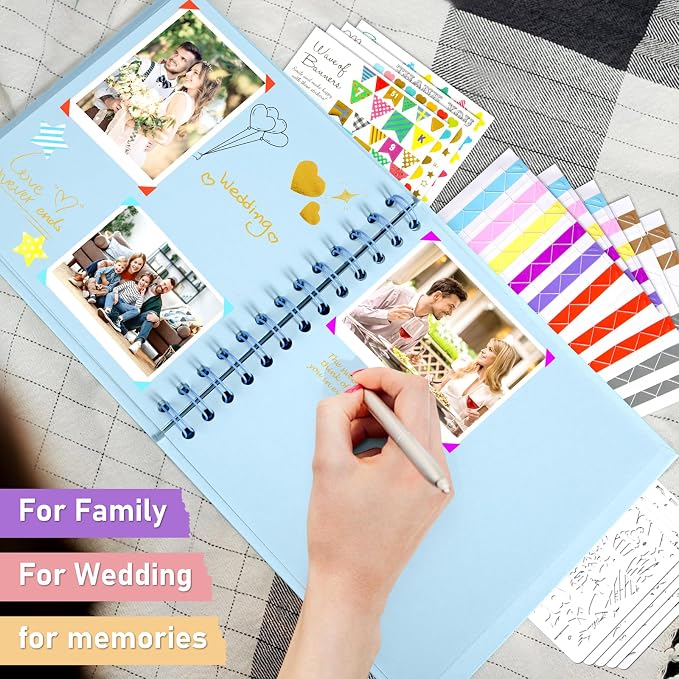 GOTIDEAL 7 x 7 Inch Scrapbook Album with Metallic Markers, Blue, 40 Pages | Kraft Paper Photo Albums for Wedding & Anniversary, Family DIY Scrap Books with Scrapbooking Stickers Corners