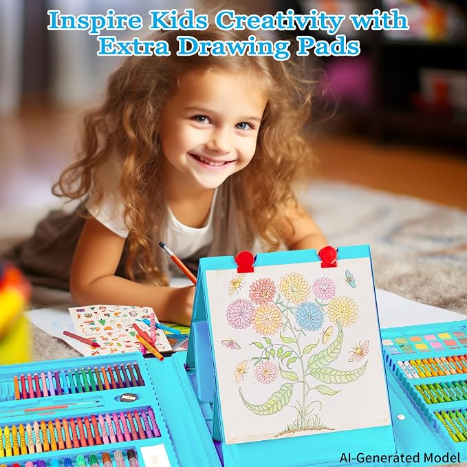 KINSPORY Art Set for Kids, 290 Pack Double-Side Easel Drawing Kits (Blue)