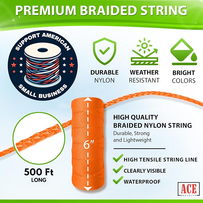 Orange Mason Line - #18 Braided Nylon String - 500 Ft Length - Nylon Twine for Gardening & Masonry - Perfect Construction String