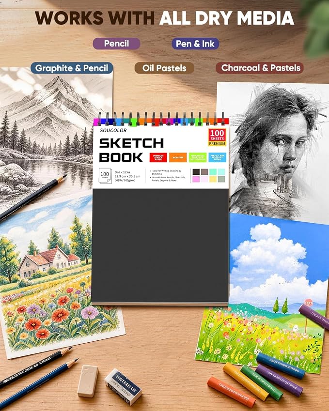 Soucolor 9x12 Hardcover Sketch Book Thick Sketchbook Drawing Paper for Kids | 68lb/100gsm Acid-Free 100 Sheets Spiral Bound,Lay-Flat Sketch Pad with Perforated Pages,Art Supplies for Adults & Teens