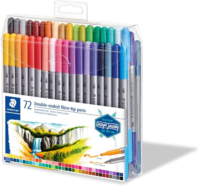 STAEDTLER 3200 TB72 Design Journey Double-Ended Fibre-Tip Pens with Two Nibs - Narrow and Wide, Pack of 72