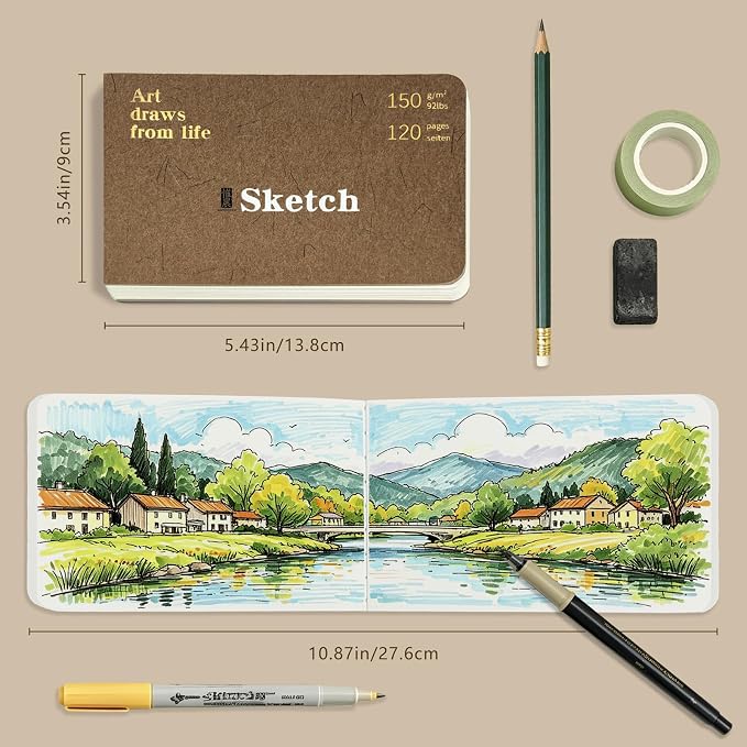 Hardcover Pocket Sketchbook, 3.5" x 5.4" Mini Small Travel Drawing Journal, 92lb/150gsm Heavyweight Paper, 120 Pages Blank Sketch Book for Adults Artists Mixed Media, Ideal Gift,Coffee