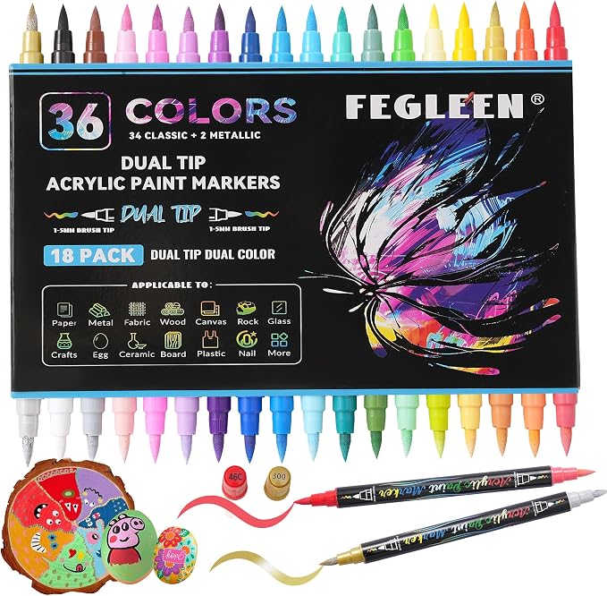 36 Colors Acrylic Paint Markers,18 Pack Dual-Color Acrylic Paint Pens with Brush Tip Contain 2 Metallic Colors for Rock Painting,Egg,Wood,Glass,Canvas,Fabric,Ceramic,Crafts,Art Supplies (36 Colors)