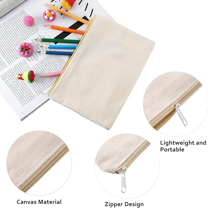 meekoo 16 Pcs Blank Canvas Zipper Pouch Makeup Bag,S;Beige
