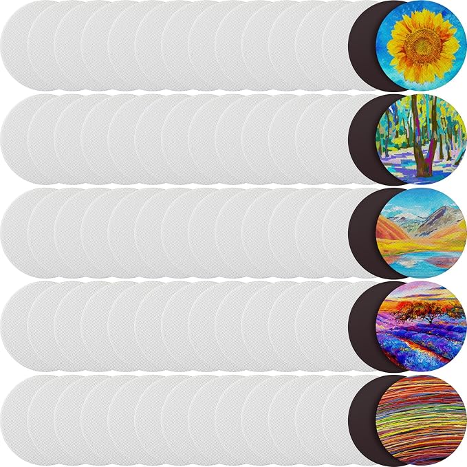 Nezyo 75 Pieces Magnetic Painting Canvas Panel Mini Canvas Boards Mini Canvases Tile Art for Painting Magnetic Fridge Locker Art Paints Crafts DIY Kit(Round,2.5 Inch)