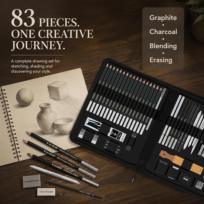 KALOUR 83-Pack Sketch Drawing Pencils Kit with Sketchbook | Graphite,Charcoal Pencils and Artists Tools,Pro Art Drawing Supplies for Adults Beginners,ideal for Sketching Shading