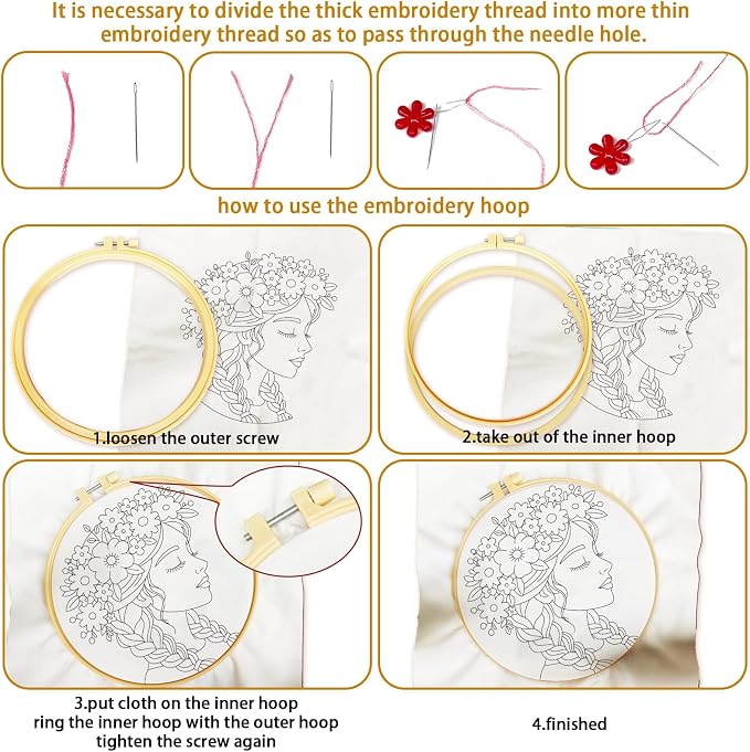 BEUNITONE 4 Set Embroidery Kits for Beginners Adult with Pre-Print Pattern | 7.9x7.9" Include Embroidery Cloth Hoops Threads for Craft Lover, Beautiful Flower Lady Pattern for Women Home Decor