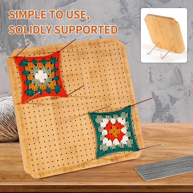 CraftyManor 12.5 in Blocking Boards for Crochet Projects with Rose Pattern, Crochet Blocking Board with Pegs, Granny Square Blocking Board with 20 Stainless Steel Pegs, Bamboo