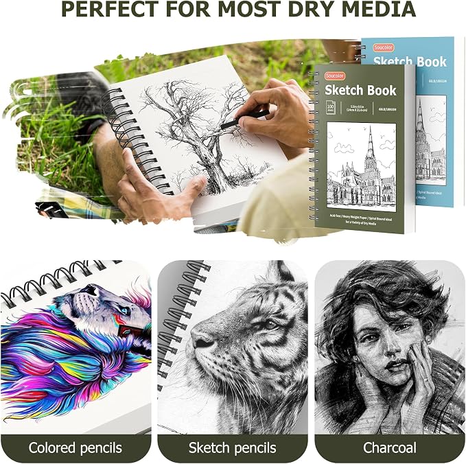 Soucolor Small Sketchbook 5.5" x 8.5", 2 Pack Mini White Sketch Book | Spiral-Bound Sketch Pads, 100 Sheets Acid-Free 68lb/100gsm Thick Drawing Paper for Kids Adults & Beginners Art Class Supplies