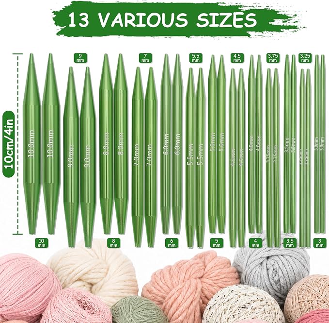 BeesMith 4-inch Circular Knitting Needle Set, 13 Pairs of Interchangeable Aluminum Knitting Needles 3mm-10mm with 5 Cables, Accessories & Green Case. Suitable for Various Smooth Knitting Projects
