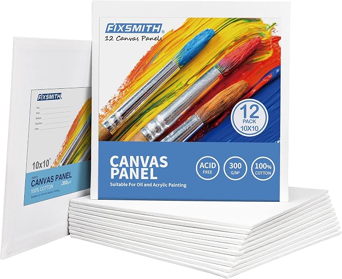 FIXSMITH Canvas Boards for Painting 10x10 Inch, Super Value 12 Pack White Blank Canvas Panels, 100% Cotton Primed, Painting Art Supplies for Professionals, Hobby Painters, Students & Kids