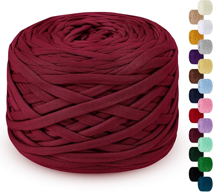 285g T Shirt Yarn for Crocheting 109 Yards Elastic Ribbon Thick Crochet Fabric Knitting T-Shirt Yarn for Crochet Bag, Blanket, Basket, DIY Projects, Home Decor (Wine Red)