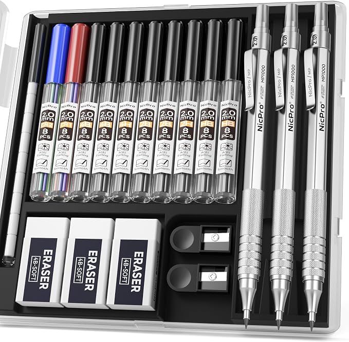 Nicpro 3 Pack 2.0 mm Mechanical Pencil Set with Case for Architects