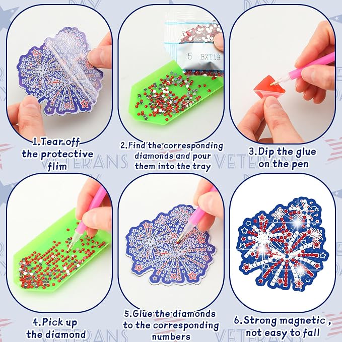Zonon 12 Pcs 4th of July Diamond Painting Magnets Kit DIY American Flag Diamond Art Fridge Magnets for Adults Patriotic Independence Day Magnetic Stickers Home Decorations