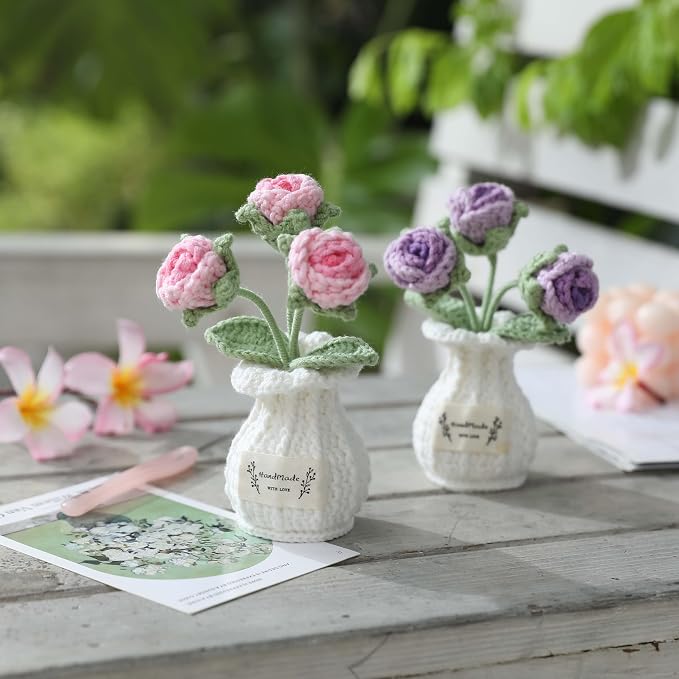 Crochet Rose Flower Potted Plant – Pink, for Her, Handmade Knitted Romantic Desk Decor