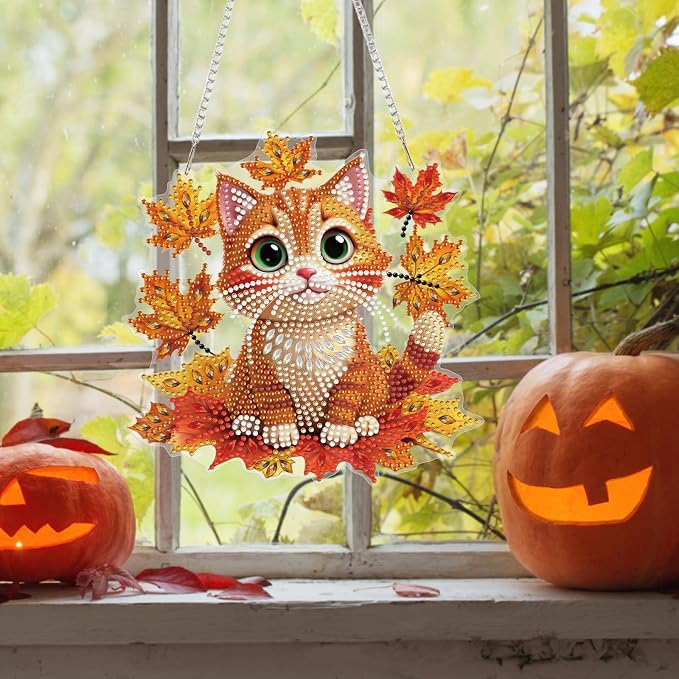 Bowetile Fall Squirrel Diamond Art Hanging Kits for Adults, Diamond Art Suncatchers Maple Leaf, 5D Special Shape Autumn Diamond Painting Pendant Window Ornament Gifts for Home Door Wall Decor