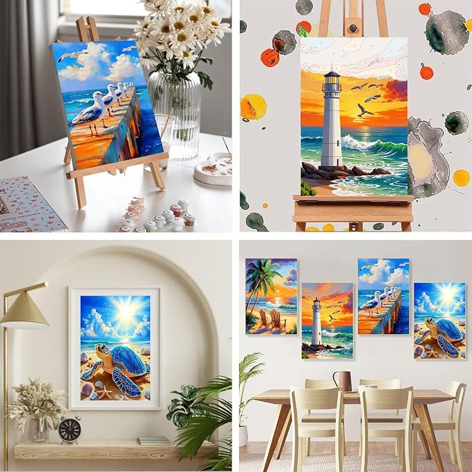 4 Pack Beach Paint by Numbers for Adults with Framed Canvas 8x12 inch | Beach Adult Paint by Number Kits on Canvas with Wooden Easel, DIY Acrylic Oil Painting by Numbers for Gift Home Decor