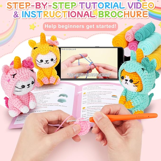 Crochet Kit for Beginners - 3 PCS Unicorn Cat Crochet Kits with Step-by-Step Video Tutorials, Beginner Crochet Kit for Adults, Crochet Animal Kit for Starters, Cat Dressed as Unicorn Set