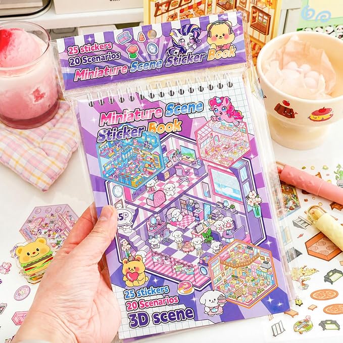 20 Sets 3D Sticker Scenes for Adults Fun Mini Cute Kawaii Stickers Therapy 3D Scenes 3D House Stickers Set Relief Stress Pass The Time