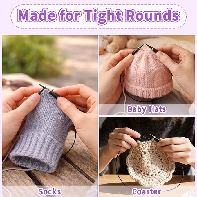 Reessy Short Interchangeable Circular Knitting Needles Set – 2” Aluminum Tips (3.0–6.0mm), 20–40cm Cables – Interchangeable Shortie Needles for Socks, Sleeves & Small Projects
